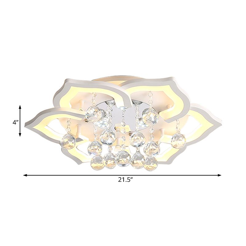 6/16/20 Lights Living Room Ceiling Light White Flush Mount Light Fixture in Warm/White Light with Floral Acrylic Shade and Crystal Drop