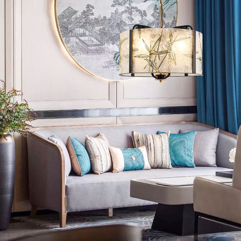 Classic Drum Suspension Pendant 4 Lights White Glass Pendulum Light for Living Room