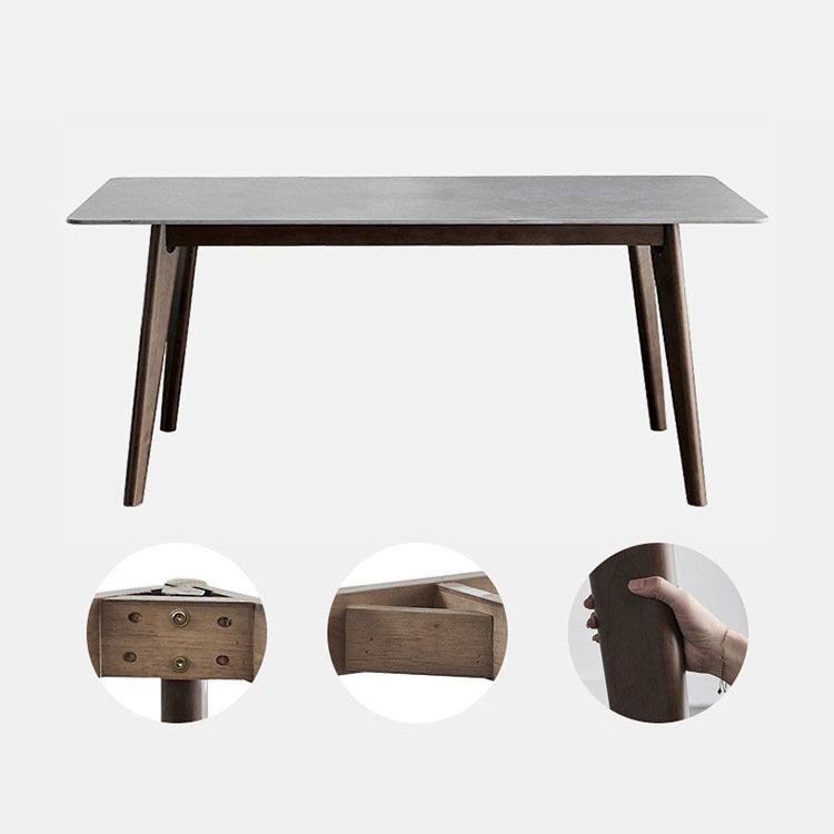 Stone Rectangle Top Table Mid-Century Modern Dining Table with 4 Wood Legs
