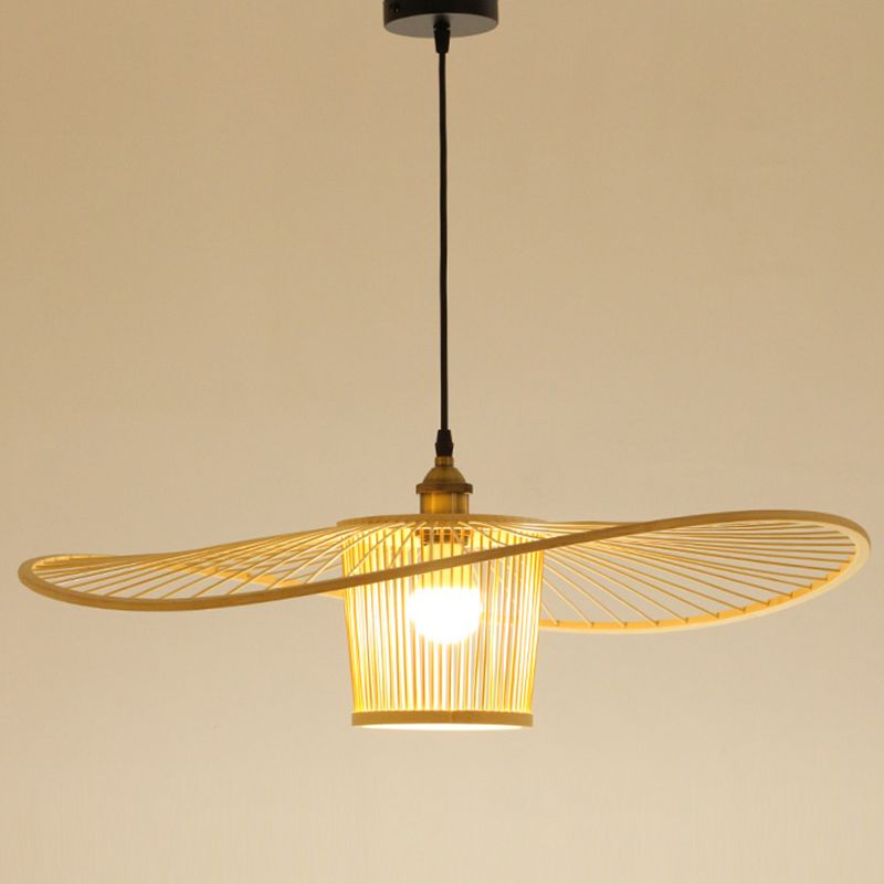 Fischermut -Hut geformte Holzbeleuchtung Bambus -Weben -Trommelschatten Einmals hängendes Licht für Esszimmer