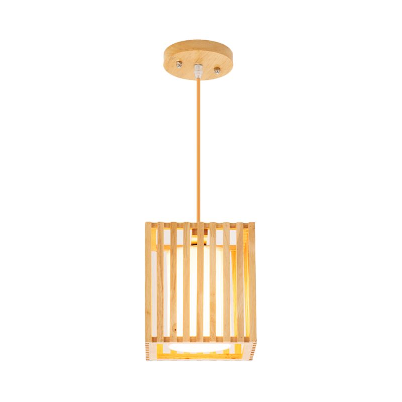 Square Cage Pendant Light Kit Modern Wooden 1 Light Beige Hanging Ceiling Light with Inner Fabric Shade