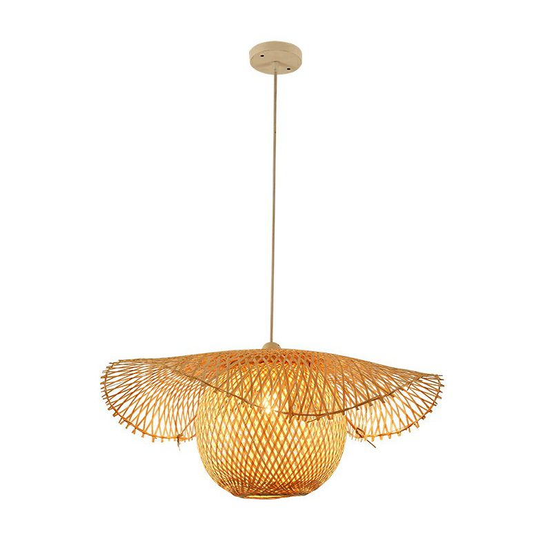 Beige Lotus Leaf Suspension Light Fixture Asian 1 Head Bamboo Hanging Pendant Light