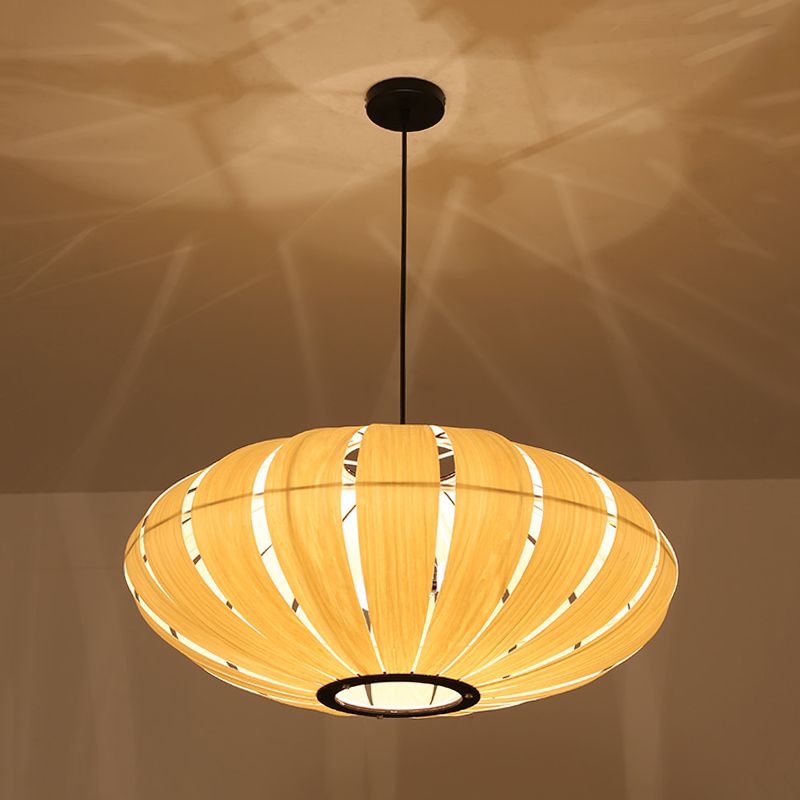 Wood Strap Lantern Pendant Lighting South East Asia 3-Bulb Beige Hanging Ceiling Light for Bistro