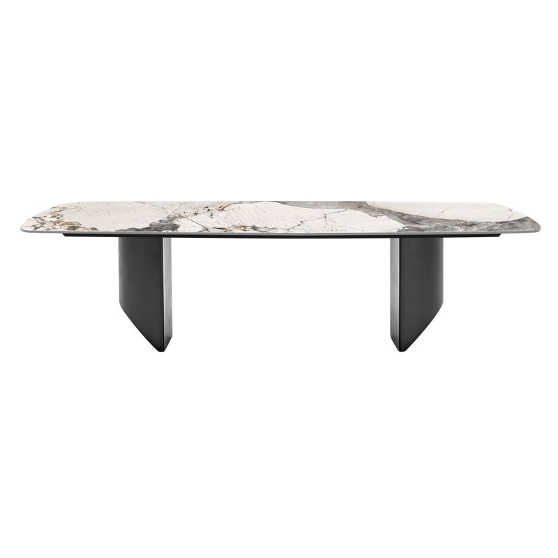 Mesa de comedor contemporánea rectángulo mesa de piedra sinterizada blanca con base de metal negro