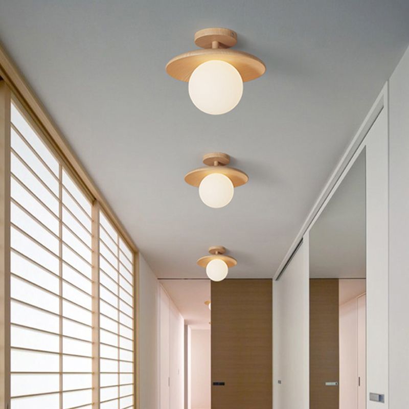 Modern Style Spherical Shape Ceiling Light Wood 1 Light Ceiling Light for Restaurant