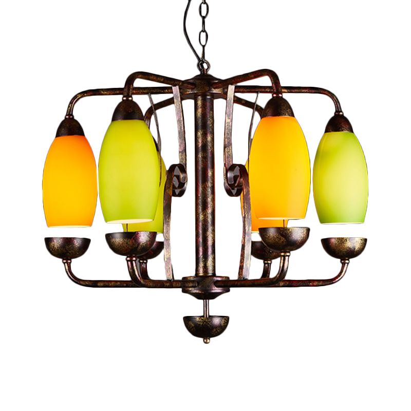 Rust 6 Lights Chandelier Lighting Rural Orange and Green Glass Curved Shade Pendant Lamp for Bar