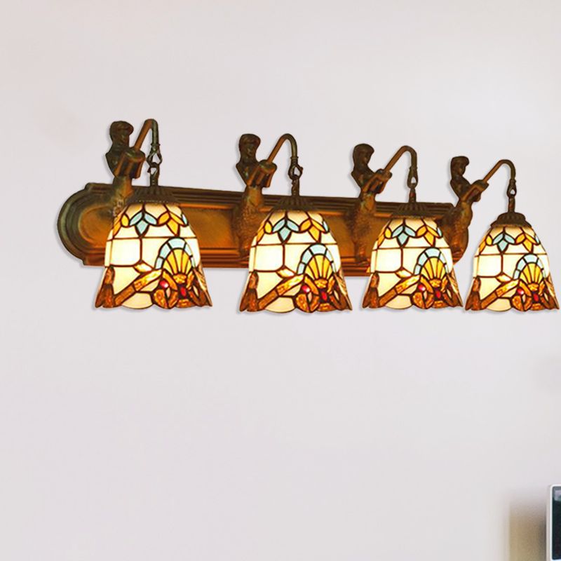 Beige Glass Bell Sconce Lighting Baroque 4 Heads Brass Wall Mount Lighting with Mermaid Decoration