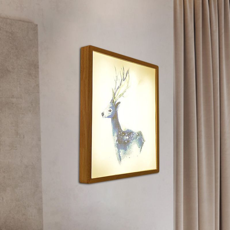 12"/16" Width Square Metallic Mural Lamp Minimalist LED Wood Wall Mounted Lighting with Deer Pattern