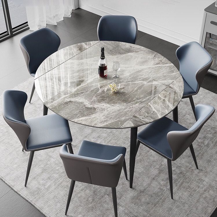Round Stone Dining Table Modern Extendable Dining Table with 4 Legs in Matte Finish