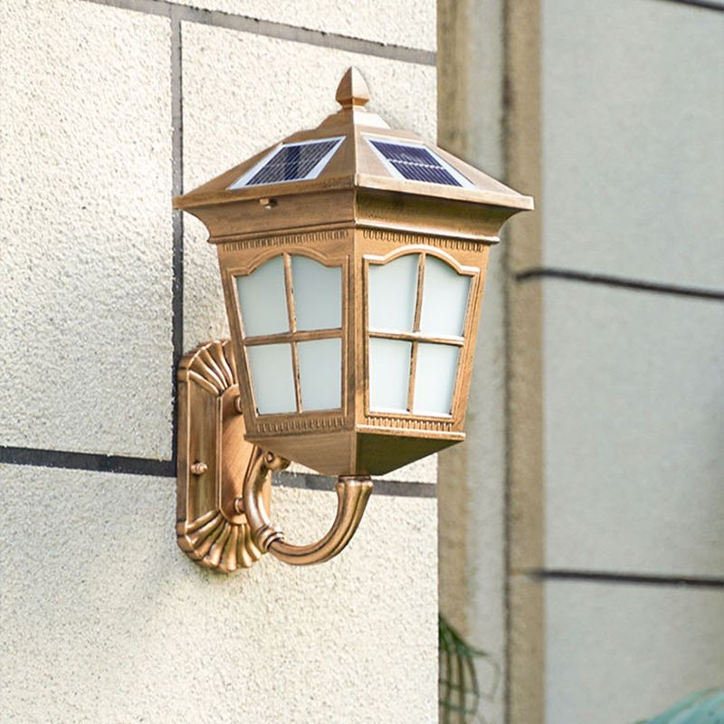 Antiqued Style House Lantern Wall Light Frosted Glass Solar LED Wall Sconce in Brass, Small/Large