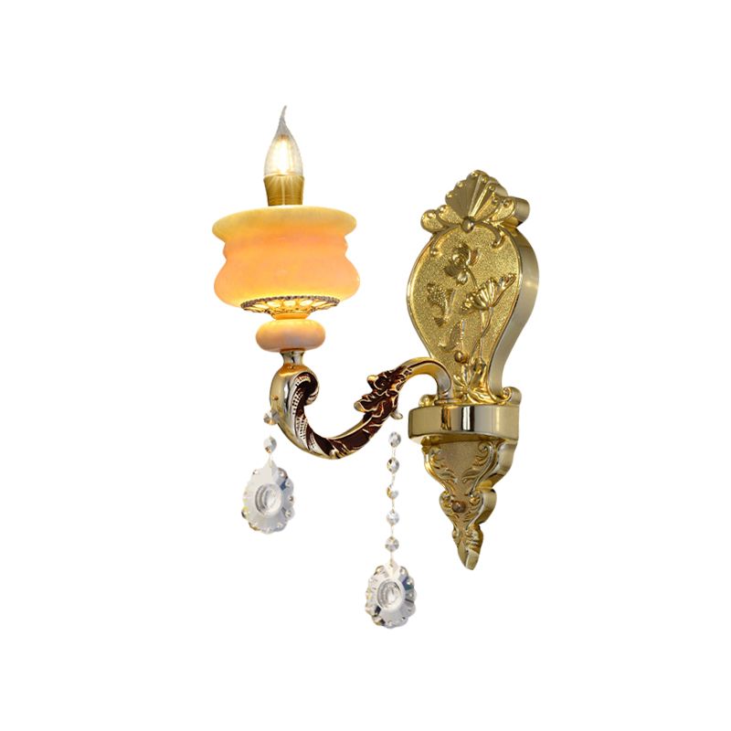 1/2-Bulb Candelabra Wall Lamp Traditionalism Gold Jade Wall Mounted Light Fixture with Crystal Drop