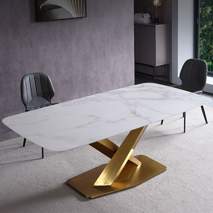 Contemporary Rectangle Dining Room Table Sintered Stone Table with Pedestal Base