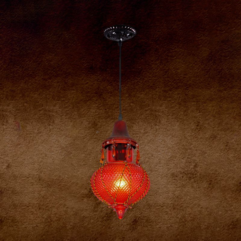 1 Light Pendant Lamp Moroccan Urn Shaped Red/Yellow/Blue Glass Hanging Light Kit for Coffee Shop