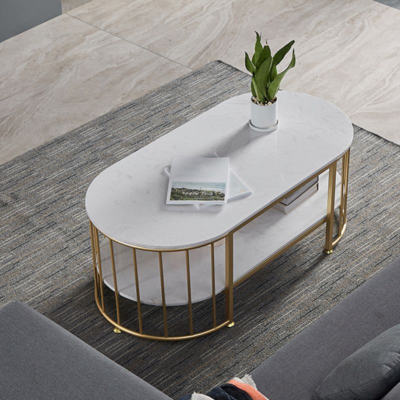 Glam Style Cocktail Table with Shelf and Stone Top and Steel Base