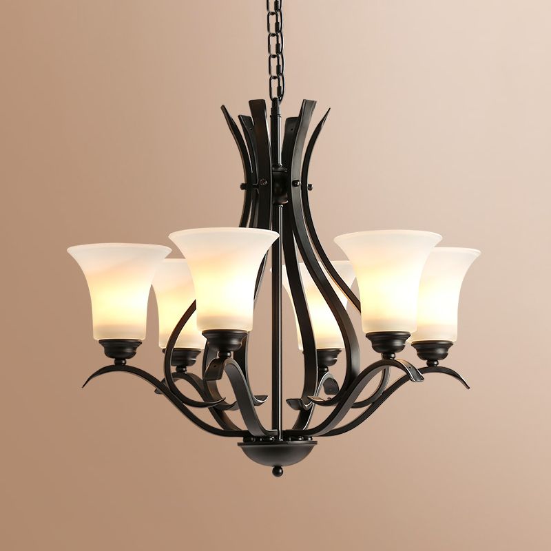 6/8 Lichten Melkglas Kroonluchter Lamp Retro -stijl Zwarte Bell Woonkamer Hangend Licht met gebogen arm
