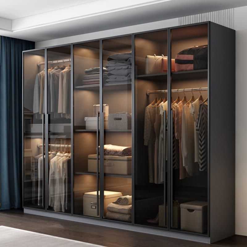 Modern Style Hinged Door Wardrobe for Bedroom Grey Cabinet with Glass Doors