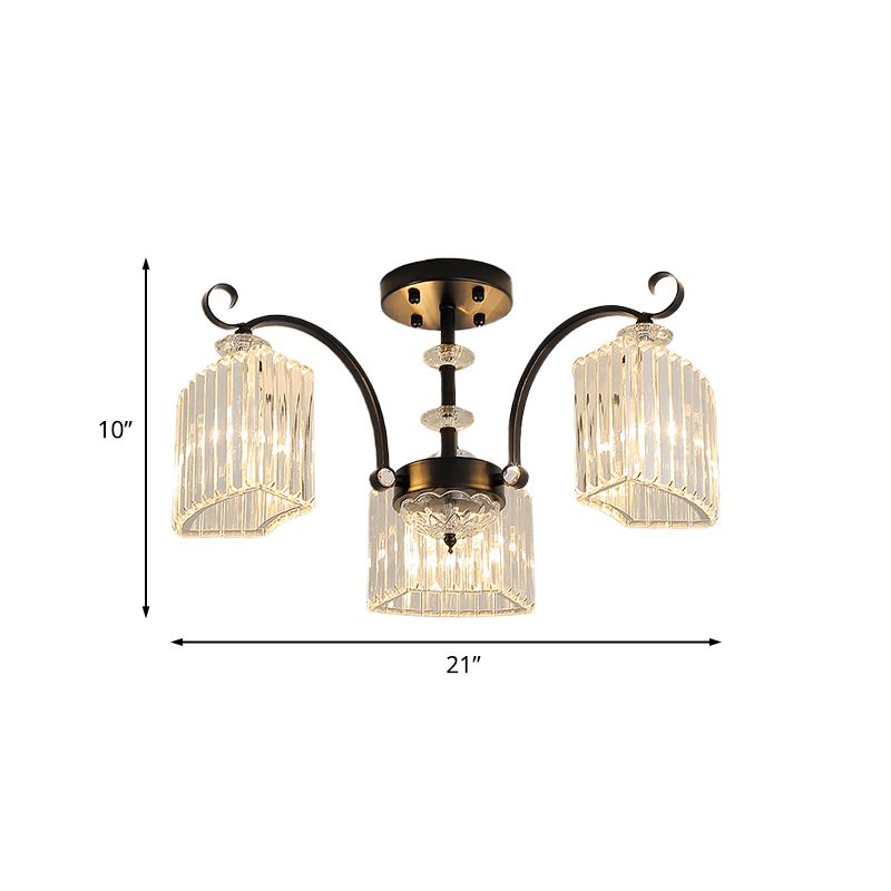 Black 3/9 Bulbs Semi Flush Mount Modern Crystal Block Arc Frame Close to Ceiling Light