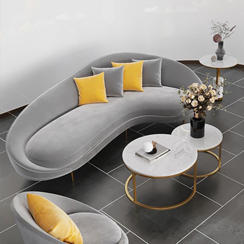 Velvet Modern Curved Sofa in Gray Sloped Arm Arm Seating with Pillows