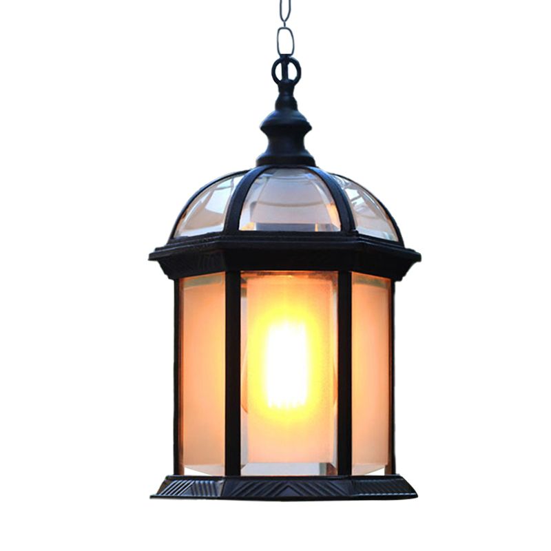 Black/Brass 1 Head Suspension Light Farmhouse Frosted Glass Birdcage Hanging Ceiling Lamp for Courtyard