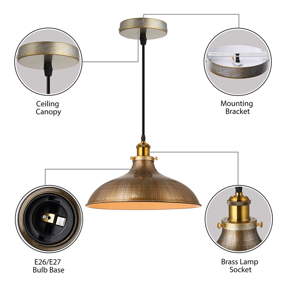 1 Light Pendant Ceiling Light Antique Style Bowl Iron Hanging Lamp with Adjustable Cord in Brass/Aged Silver