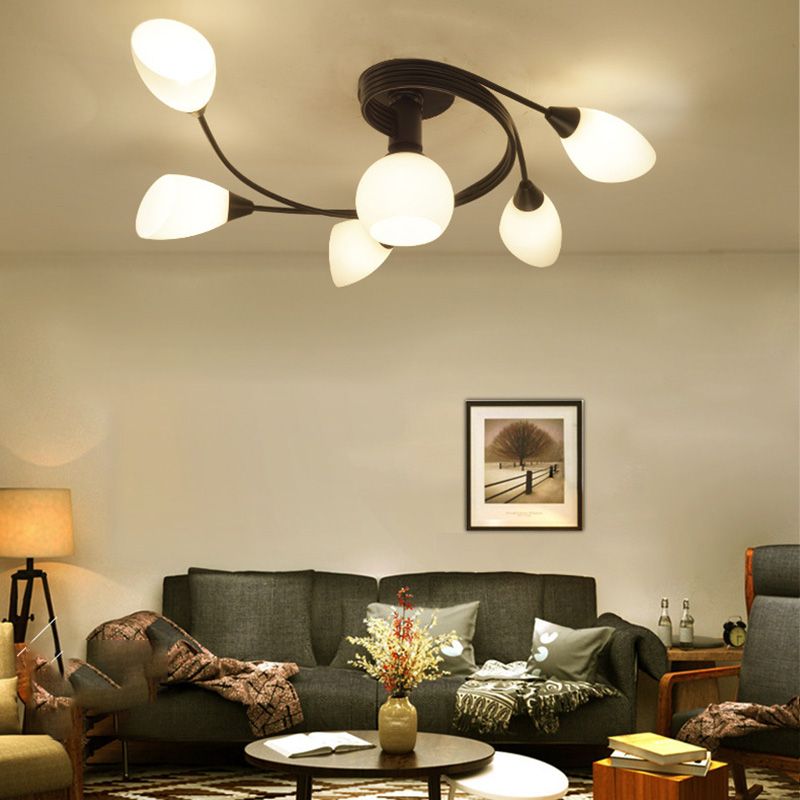 Black Multi Lights Semi Flush Mount Traditional White Glass  Ceiling Light for Living Room
