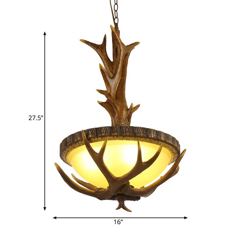 Brown 3 Lights Pendant Lighting Fixture Country Style Frosted Glass Bowl Hanging Ceiling Light with Elk Design