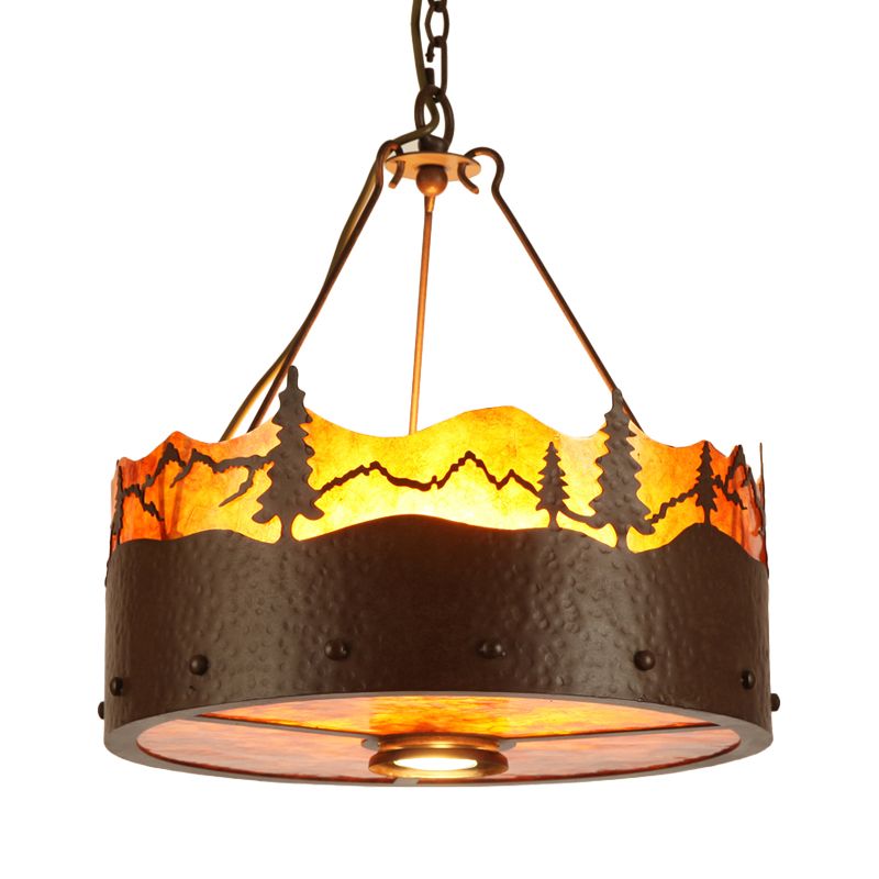 Brun 3 lumières lustre luminaire luminaire rustique Pleen à tambour à tambour avec motif d'arbres