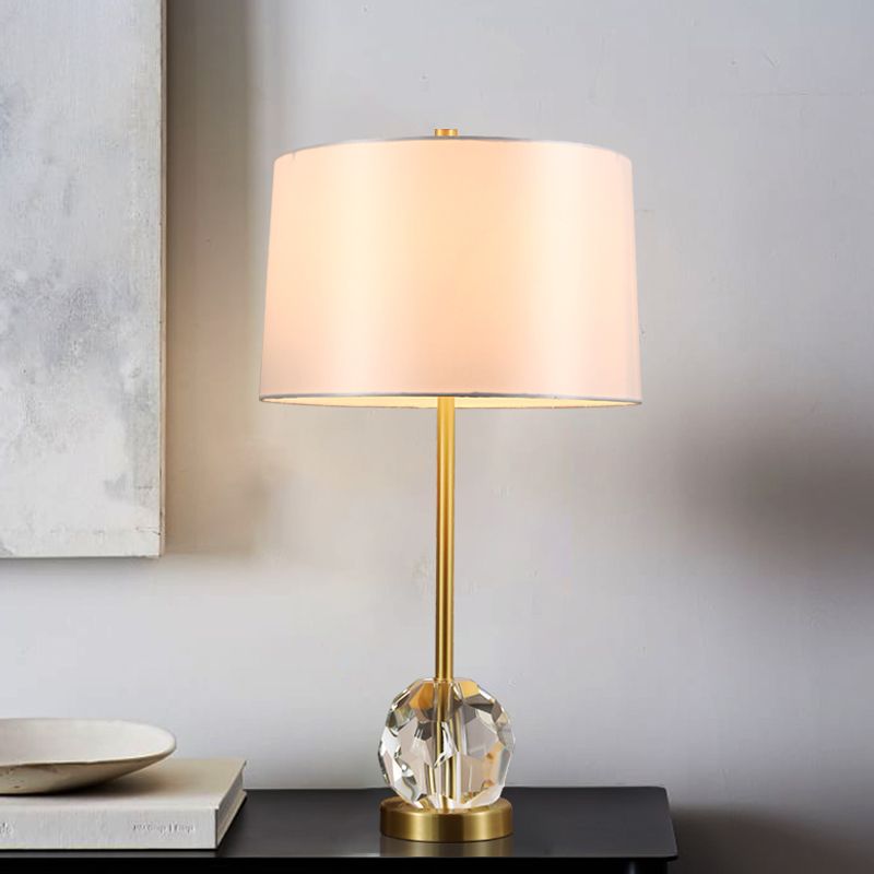 Fabric Drum Shade Task Lamp Modernist 1 Bulb Gold Reading Light with Clear Crystal Ball