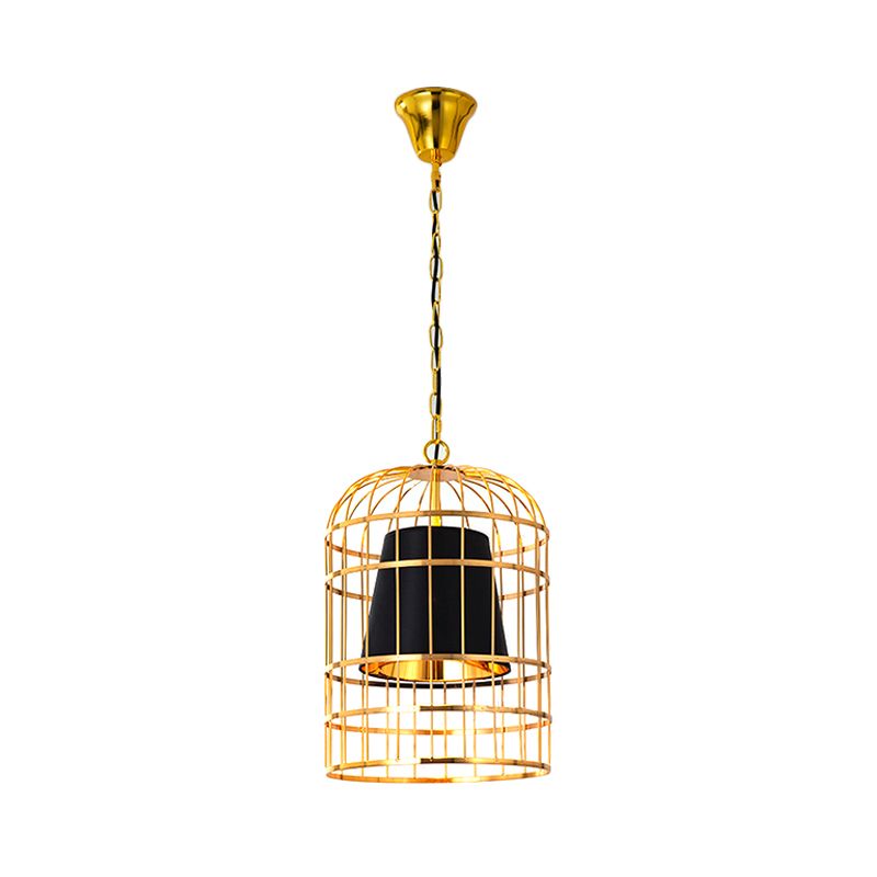 Black/White Bird Cage Ceiling Light Minimalistic Metal 1 Light Dining Room Pendant with Inner Cone Shade, 12"/16"/19.5" Wide