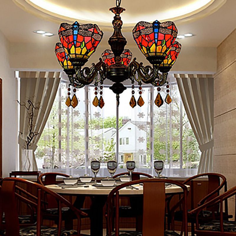 Lustre de style tiffany 5 lumières vitrail