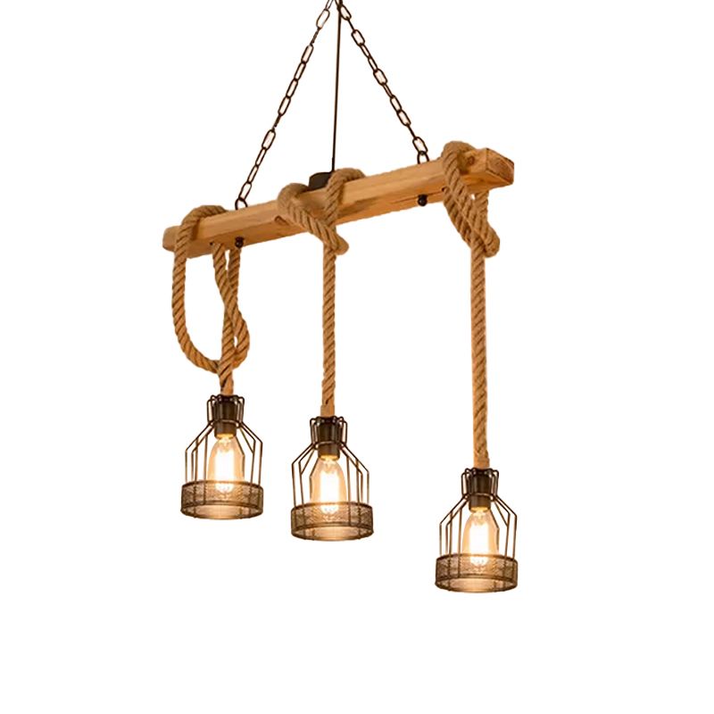 Linear Restaurant Hanging Island Light Cottage Wood 3/5-Light Brown Roped Pendant Lamp with Cage