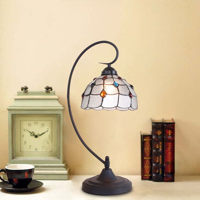 Beige/White and Silver Glass Black Night Lamp Lattice Bowl 1 Head Victorian Nightstand Light with Curvy Arm