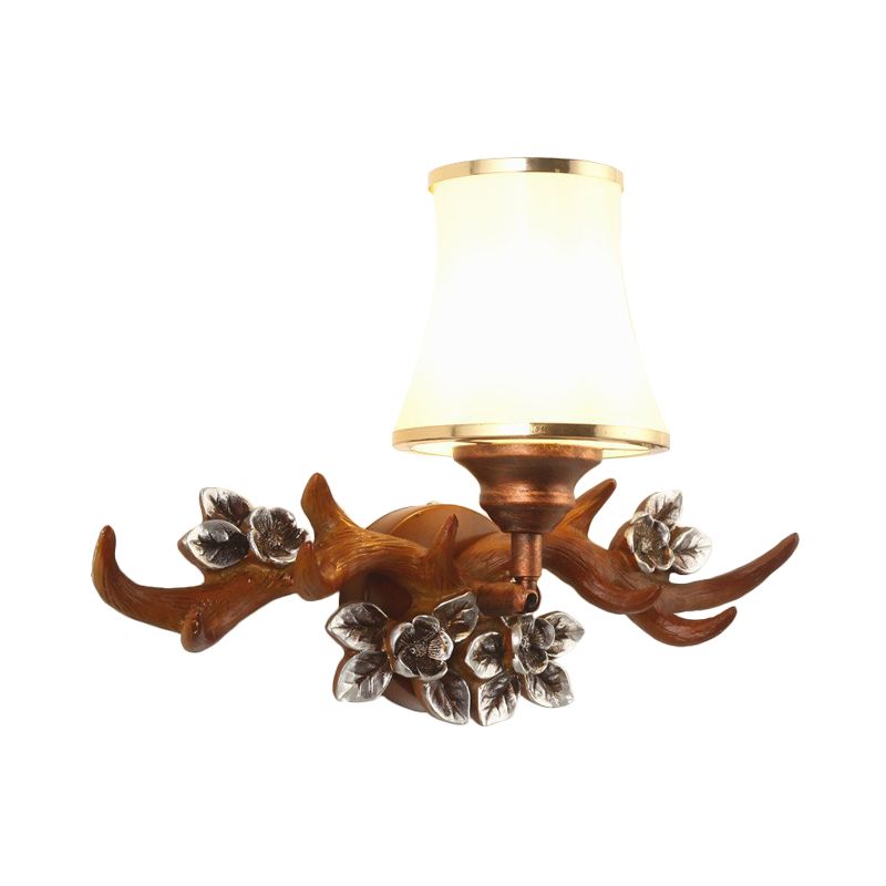 Brown Antler Sconce Lighting Rustic 1-Light Resin Wall Mounted Lamp with Flared Opal Glass Shade