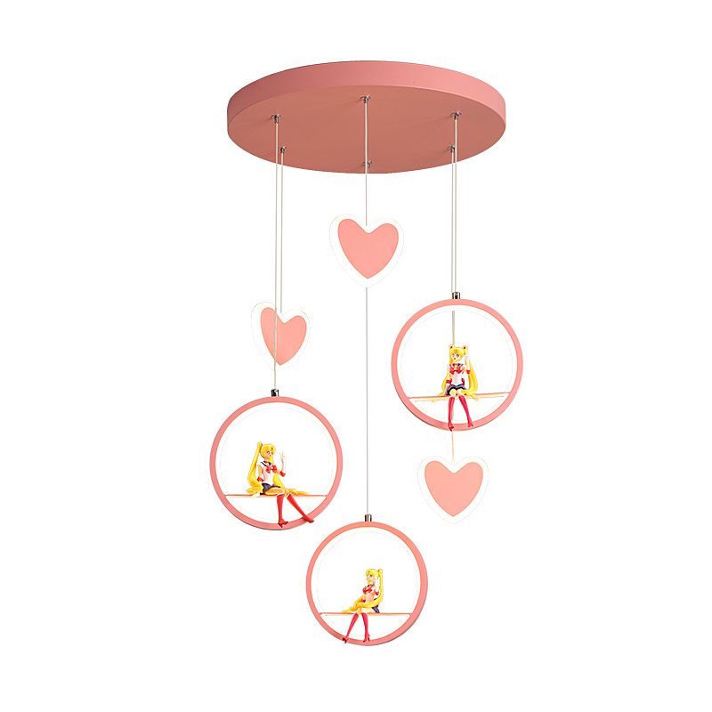 Kids 3 Lights Hanging Lamp with Acrylic Shade Pink/Blue Loving Heart and Ring Chandelier Lighting