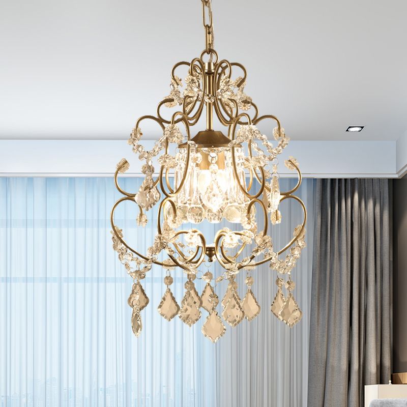 Lantern Curving Arm Crystal Chandelier Brass Finish Chandelier with Crystal Draping