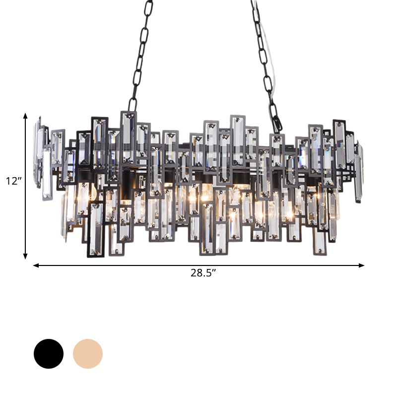 7 Bulbs Oval Frame Pendant Lamp Modern Black/Gold Clear Rectangular-Cut Crystals Encrusted Island Lighting