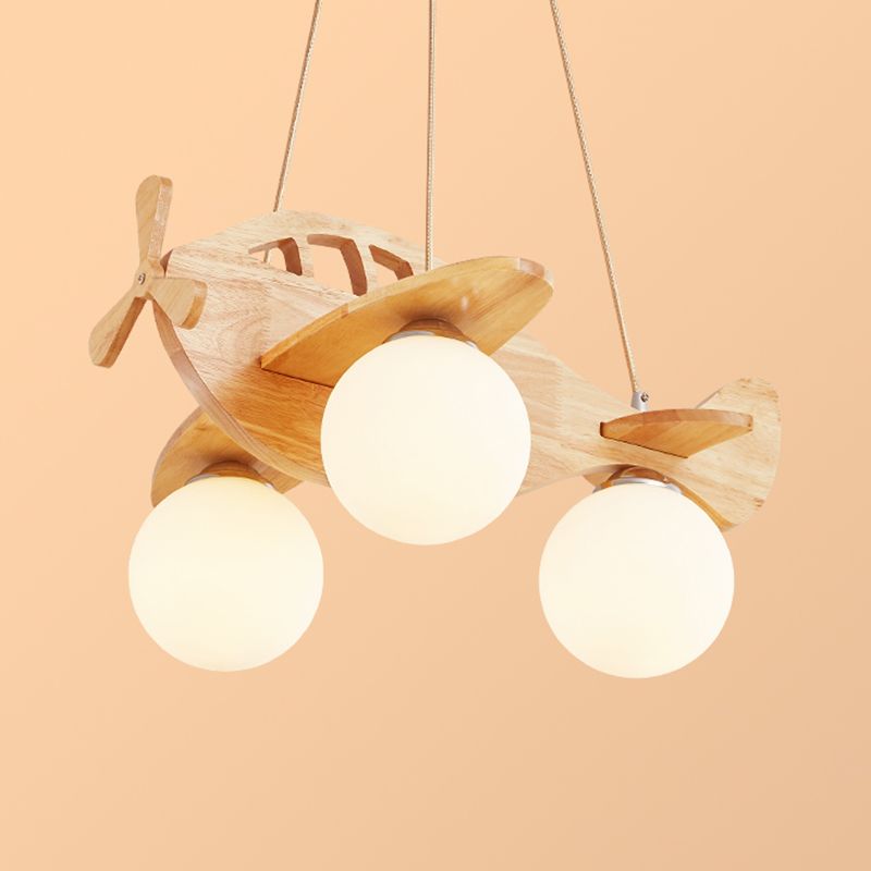 Cartoon Aircraft Pendant Chandelier Wooden 3-Bulb Kids Room Hanging Light with Ball White Glass Shade