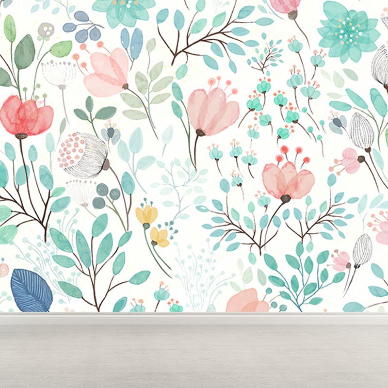 Modern Flower Print Wall Mural Non-Woven Stain Resistant Light Color Wall Art for Kitchen