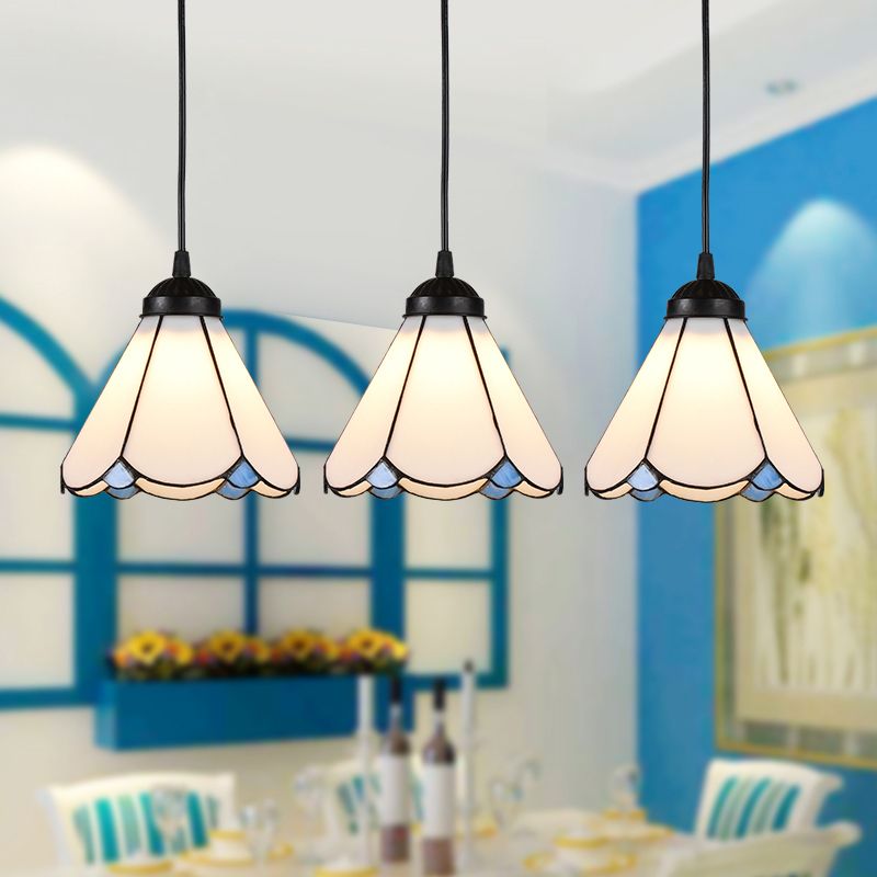 Cone Multi Ceiling Light 3 Bulbs White Glass Tiffany Style Suspension Lighting with Scalloped Edge