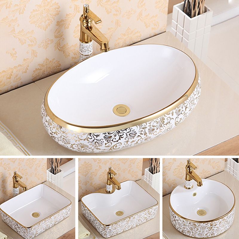 Traditional Vessel Sink Oval Porcelain with Pop-Up Drain Vessel Lavatory Sink