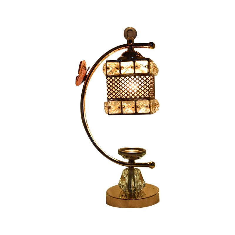 Cube / Fleur Shape Table Lampe modernisme incrusté de cristal 1 tête de chevet en or avec un bras incurvé