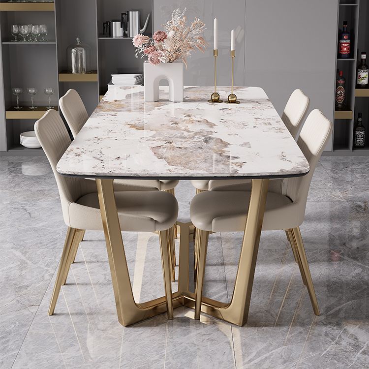 Modern Style Sintered Stone Dining Room Set with White Rectangle Shape Table and Gold Trestle Base