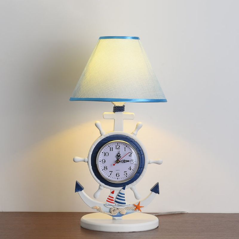 1 Bulb Bedchamber Desk Lamp Kids Blue Table Light with Conical Fabric Shade and Clock Design