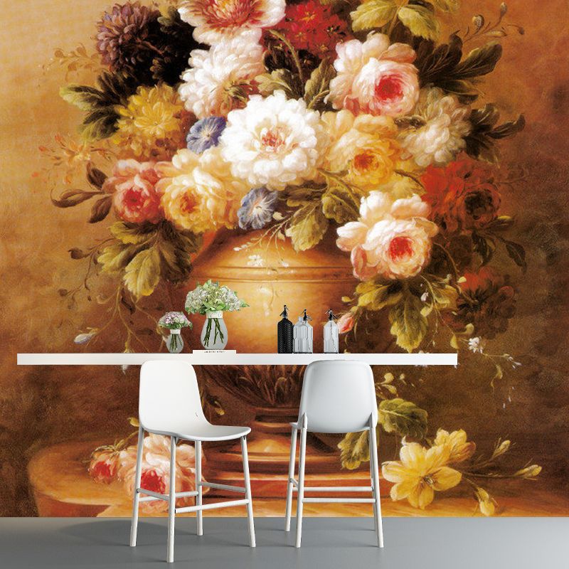 Retro Vase Blossoms Wall Decor for Fireplace, Customized Size Mural Wallpaper in Brown