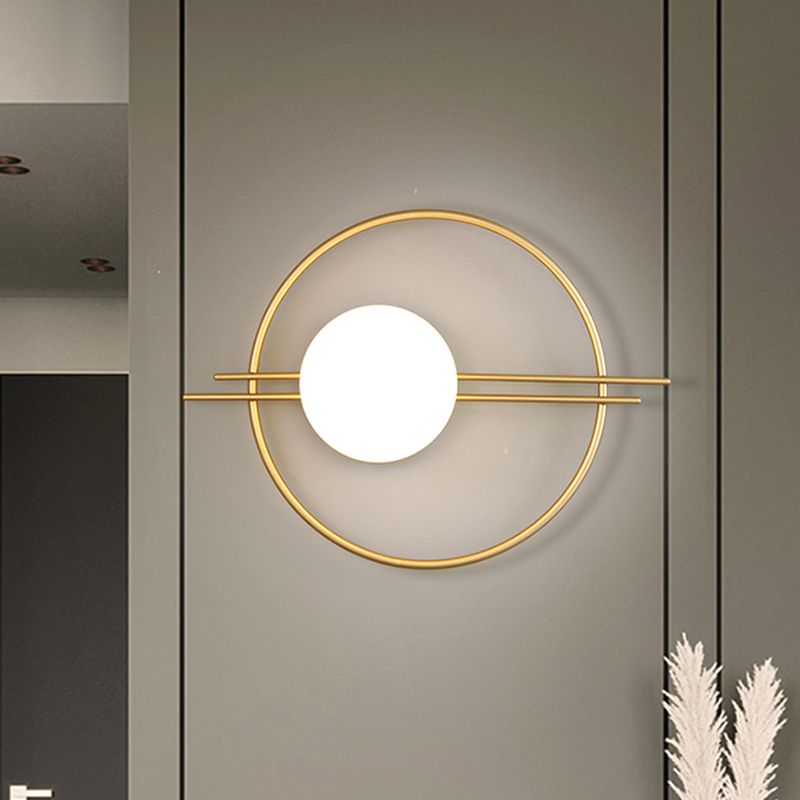 Circle Lounge Sconce Light Iron 1 Head Postmodern Wall Mounted Lighting in Black/Brass with Ball White Glass Shade