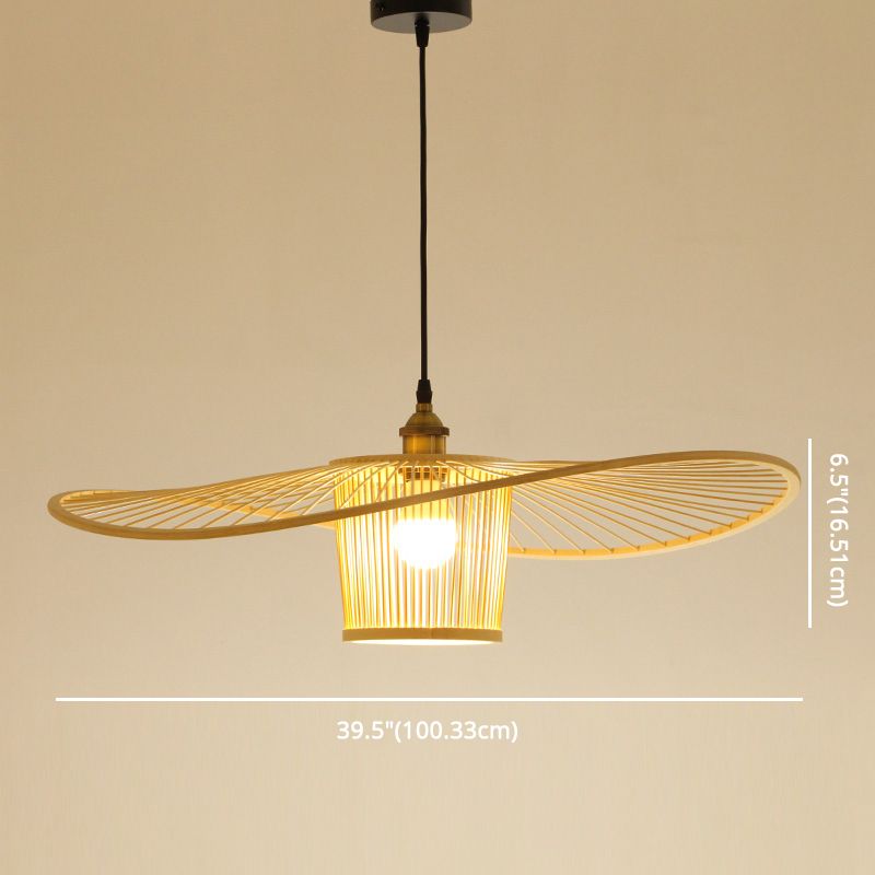 Fischermut -Hut geformte Holzbeleuchtung Bambus -Weben -Trommelschatten Einmals hängendes Licht für Esszimmer