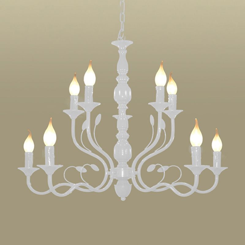 2-Tier Candle Living Room Chandelier Lighting Traditionary Metal 10/12/16 Heads White Hanging Pendant Lamp