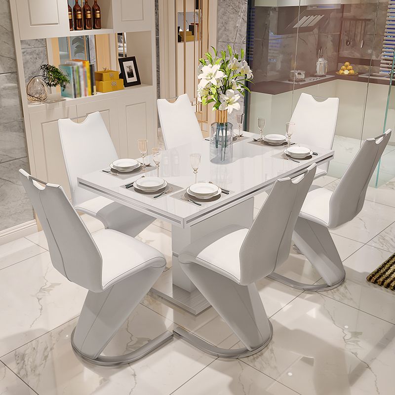 Luxury Artificial Wood Dining Table Rectangle White Table with Metal Pedestal