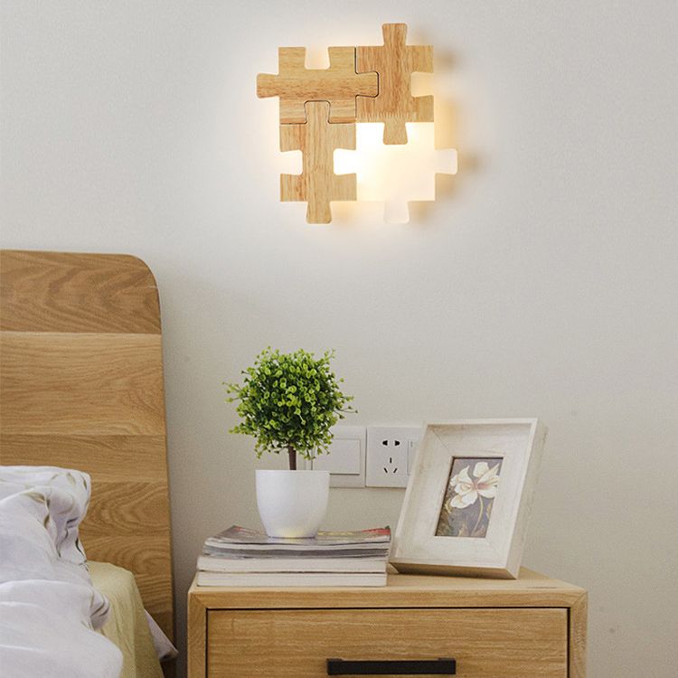 Jigsaw Puzzle Wall Mount Lamp Creative LED Wooden and Acrylic Shade Sconce Light for Bedroom