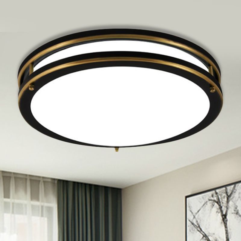 Black/Brass LED Ceiling Mount Traditional White Glass Drum Flush Light Fixture for Corridor in Warm/White Light, 12"/16" W